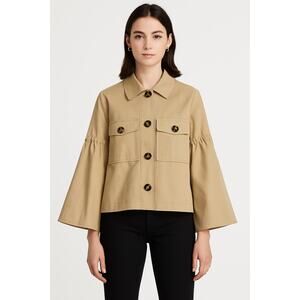LEWIT Khaki Linen Blend Button Up Boxy Ruffle Sleeve Utility Jacket XS